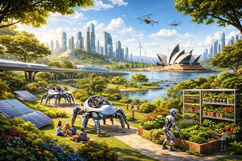 シドニー湾、公園、風力タービン、ドローン、ロボット、高架列車、ソーラーパネルが描かれた、明るく緑豊かな未来都市。