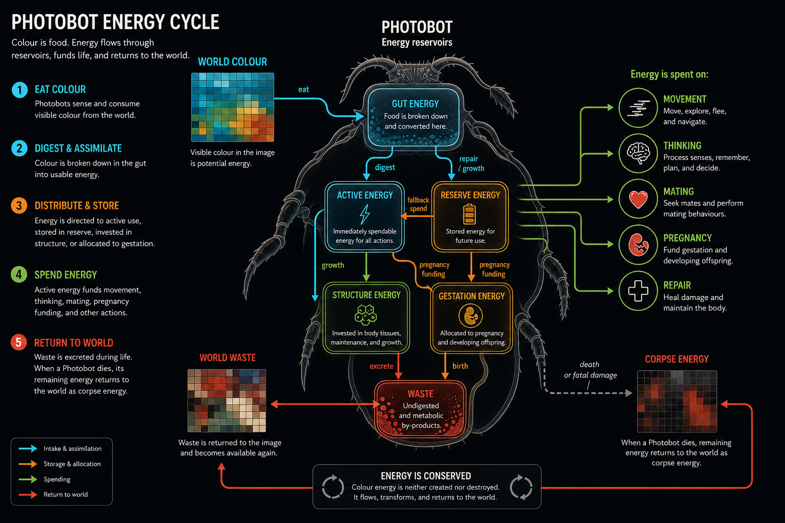 Diagram of Photobot energy reservoirs showing colour entering the gut, becoming active or reserve energy, funding movement, growth and pregnancy, and returning to the image world as waste or corpse energy.