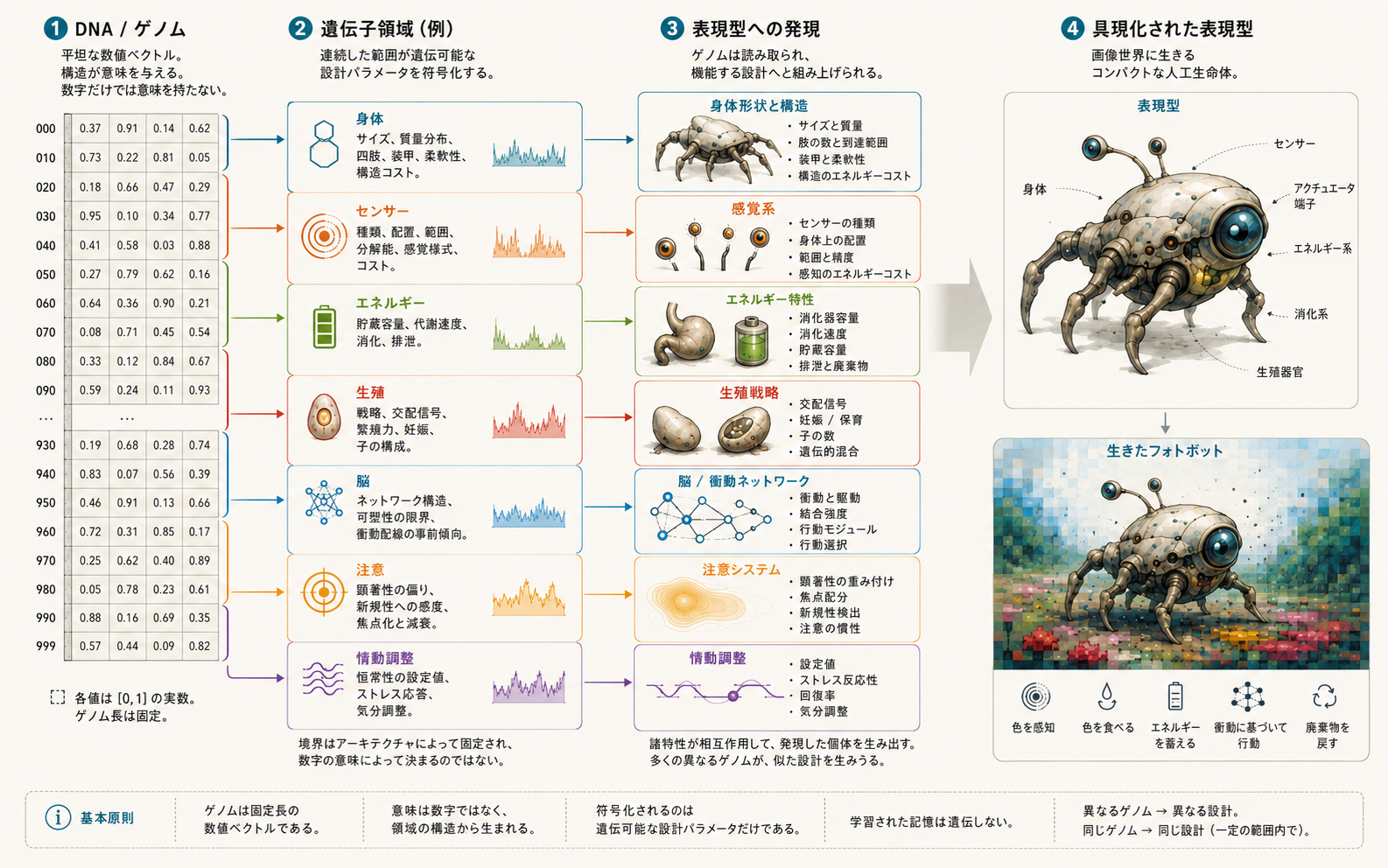 Photobot の DNA を構造化された数値ゲノムとして示す図。身体形状、センサー、エネルギー特性、生殖、脳の配線、注意を表す領域が、目に見える表現型を生み出します。